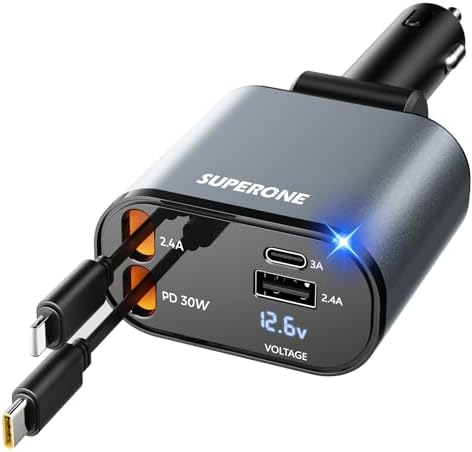 Introducing the SUPERONE 4-in-1 Retractable Fast Car Charger: Ultimate On-the-Go Charging Solution for i Phone, Galaxy & Pixel Devices – Featuring 2.6 ft Tangle-Free Cord, Enhanced USB C & Apple Compatibility, and Sleek Design for Effortless Portability. Experience lightning-fast charging to keep your devices powered during road trips or daily commutes, ensuring you’re always connected. This innovative retractable charger is engineered for maximum efficiency, accommodating a wide range of smartphones including i Phone 16, 15/15 Pro Max, 14, 13, 12, 11 and popular Galaxy and Pixel models. With its compact construction and high-quality materials, this charger not only enhances your charging experience but also withstands everyday wear and tear. Elevate your mobile charging with the SUPERONE car charger – where convenience meets cutting-edge technology for busy professionals and families on the move.