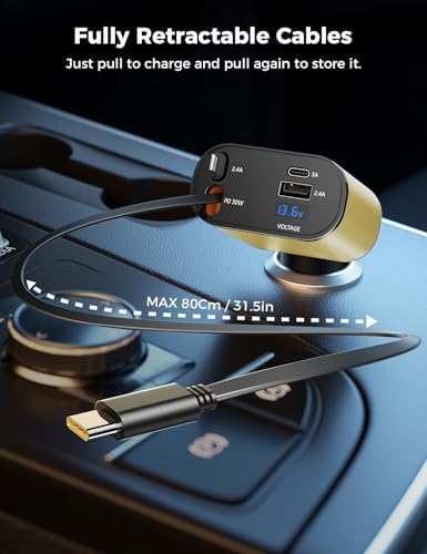 Introducing the SUPERONE 4-in-1 Retractable Fast Car Charger: Ultimate On-the-Go Charging Solution for i Phone, Galaxy & Pixel Devices – Featuring 2.6 ft Tangle-Free Cord, Enhanced USB C & Apple Compatibility, and Sleek Design for Effortless Portability. Experience lightning-fast charging to keep your devices powered during road trips or daily commutes, ensuring you’re always connected. This innovative retractable charger is engineered for maximum efficiency, accommodating a wide range of smartphones including i Phone 16, 15/15 Pro Max, 14, 13, 12, 11 and popular Galaxy and Pixel models. With its compact construction and high-quality materials, this charger not only enhances your charging experience but also withstands everyday wear and tear. Elevate your mobile charging with the SUPERONE car charger – where convenience meets cutting-edge technology for busy professionals and families on the move.