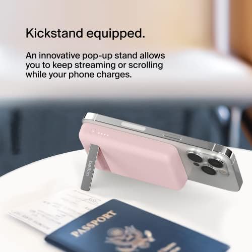 Belkin Wireless Power Bank 5000 m Ah with Mag Safe Compatibility – Portable Charger for i Phone 16 Series, i Phone 15, and Air Pods – 7.5 W Fast Charging with Built-in Kickstand for Hands-Free Use – Lightweight White Design for On-the-Go Charging Solutions
