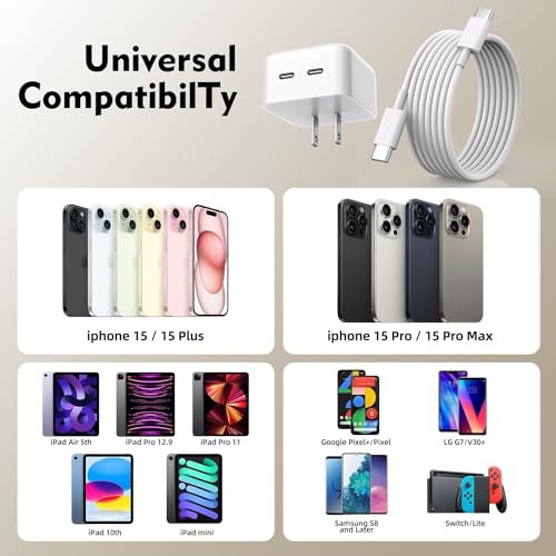 Rapid Charge i Phone 15 & 16 Dual USB-C Adapter Set – 40 W Fast Charging Block with Two 10 FT Cables for i Pad & i Phone Accessories – Optimal Power Delivery for i Phone 15 Pro/Pro Max & i Pad Mini/Air/Pro – Portable Convenience & High Compatibility