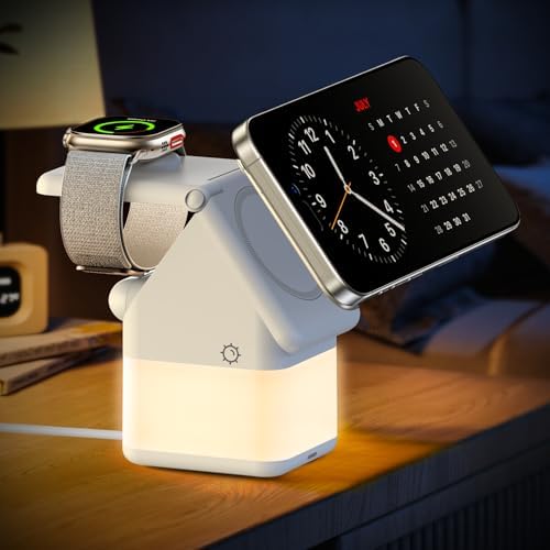 WSKEN 3-in-1 Wireless Charging Station with Nightstand Lamp – 15 W Fast Charger for i Phone 15/14/13/12, Apple Watch, and Air Pods – Sleek Design for Enhanced Bedside Convenience and Clutter-Free Power Solution – Perfect Compatibility with Qi-Enabled Devices