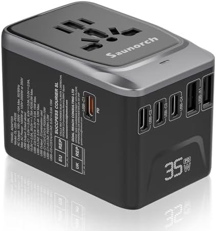 Advanced 7-in-1 Universal Travel Adapter with 35 W PD Fast Charging – Sleek Black & Silver Design for Worldwide Use, Featuring 4 USB-C and 2 USB-A Ports for Effortless Connectivity Across the US, UK, Europe, and Australia – Unmatched Compatibility and Speed for Every Adventure