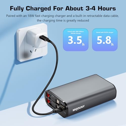MQOUNY 4-in-1 Retractable Power Bank – 10,000 m Ah Fast Charging Portable Charger with 2.9 ft Built-in Cable, 22.5 W Multi-Device Compatibility for i Phone 16/15/14/13, Mac Book, Galaxy – Ultimate Travel Essential for On-the-Go Charging