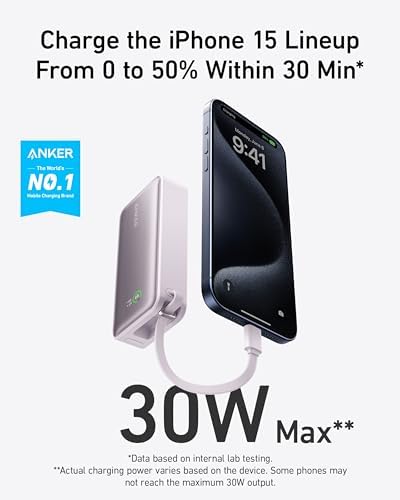 Anker Nano 10,000 m Ah Portable Charger – Ultra-Compact Power Bank with Integrated USB-C Cable for Fast Charging – 30 W Output for i Phone 16/15, Mac Book, Galaxy, Air Pods, and More – Eco-Friendly Design for On-the-Go Professionals