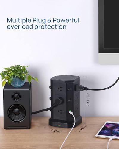 KOOSLA Power Strip Tower – 12 AC Outlets & 6 High-Speed USB Ports with 15 A Surge Protection – 6.5 ft Heavy-Duty Extension Cord for Home Office & Dorm Room – Compact Design for Efficient Power Distribution – Versatile Charging Station for Multiple Devices