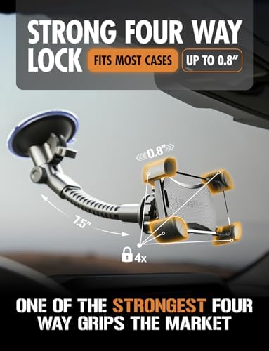 Mammoth Windshield Mobile Mount by Tough Tested: Double-Ribbed Gooseneck Arm with 360-Degree Rotation, Extra-Large Suction Grip for Secure Device Hold, Quick Release Design for Effortless Access – Ultimate Driving Convenience and Compatibility