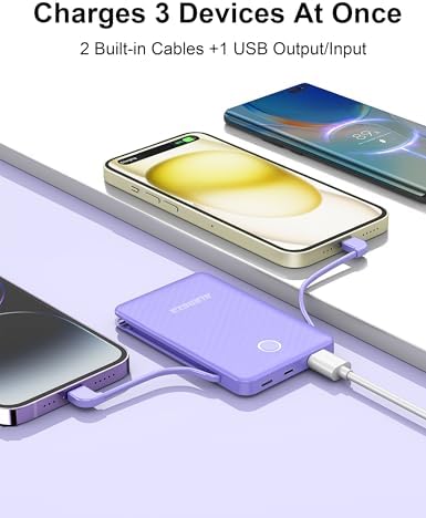 Compact 6000 m Ah Portable Power Bank with Built-in Cable – Lightweight Fast Charging External Battery for i Phone and Android – Ultimate Travel Companion for On-the-Go Charging Efficiency