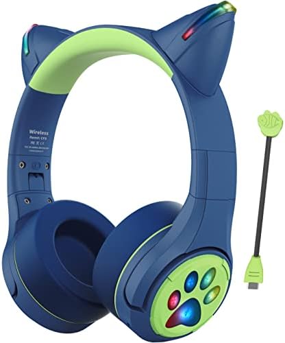 Riwbox CF9 Cat Ear Bluetooth Headphones for Kids – Safe 85 d B Volume Limit, Fun LED Light-Up Design, Dual Microphones for Clear Calls, Perfect for Tablets, Schools, Air Travel & Remote Learning, Lightweight Comfort in Trendy Purple