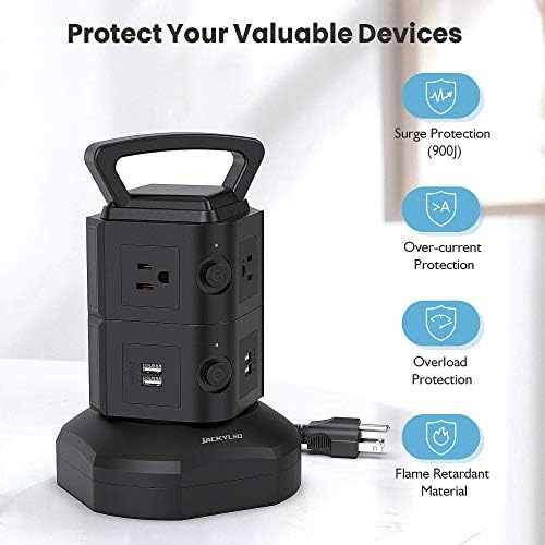 JACKYLED Power Strip Tower Surge Protector with 12 Outlets and 6 USB Ports (2 USB-C) – High-Speed Charging Station with 1050 Joules Protection, 1625 Watts, 6.5 ft Extension Cord for Enhanced Home Office Efficiency and Device Safety