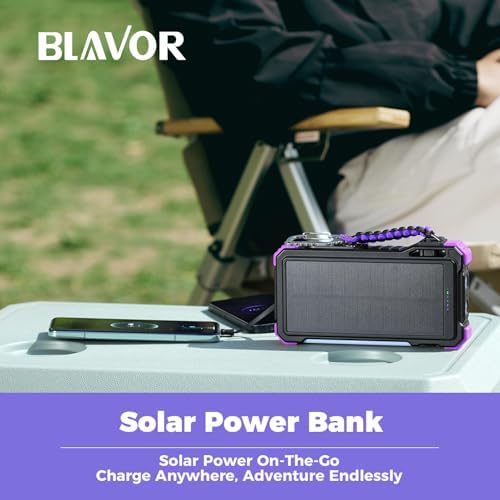 Ultimate BLAVOR 20,000 m Ah Solar Power Bank with Built-in Cables – 20 W Fast Charging Multi-Device Charger for i Phone 11-16, i Pad, Samsung, and Apple Watch – Versatile Outdoor Accessory with Flashlight and Camping Light for Adventurers