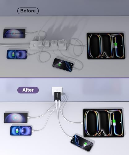 40 W USB C Multi-Device Fast Charger – 4-Port Power Adapter for i Phone & Samsung – Sleek Black Compact Travel Charger with Dual PD & QC Technology for Efficient Home and On-the-Go Charging Solutions – Perfect for Busy Professionals and Families