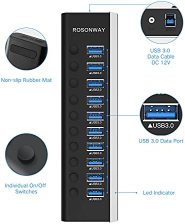 Enhance Your Workspace with the Rosonway Aluminum 10-Port USB 3.0 Hub – High-Speed Data Transfer, 36 W Power Adapter & Individual On/Off Switches for Ultimate Control – Perfect for Home and Office Connectivity