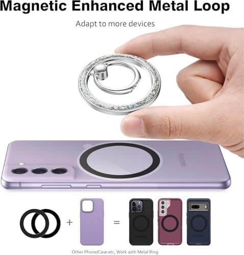 Allengel Bling Silver Magnetic Phone Grip – Stylish Mag Safe-Compatible Ring Holder & Kickstand for i Phone and Smartphones – 360-Degree Rotation, Secure Grip, and Elegant Design for Effortless Hands-Free Experience