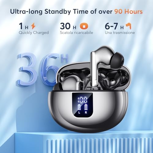 Advanced Bluetooth 5.4 Wireless Earbuds with Dual Noise Cancelling – Unleash Powerful Deep Bass and Enjoy 36 Hours of Playtime with IP7 Waterproof Design – Ideal for Active Lifestyles with ANC & ENC for Superior Audio Clarity and Intuitive LED Battery Indicator