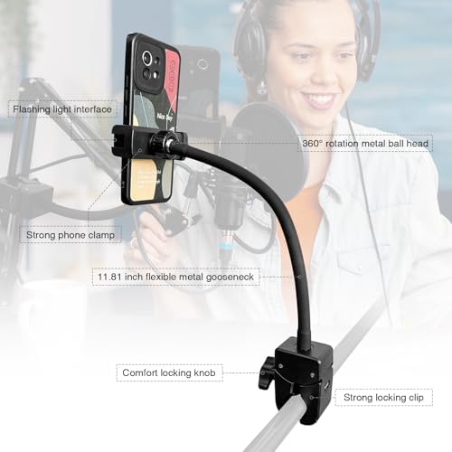 Versatile Adjustable Clip Phone Holder for Desk and Gym – Universal Mount for 4-7” Smartphones with Durable Aluminium Arm for Enhanced Convenience and Productivity – Perfect for Treadmills, Mic Stands, and Home Offices