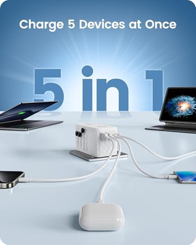 85 W Universal Travel Power Adapter with Retractable USB-C Cable – Optimal Fast Charging Hub for Global Use, Featuring 4 Ports for Seamless Connectivity in US, EU, UK & Beyond, Engineered for On-the-Go Professionals Seeking Efficiency and Versatility