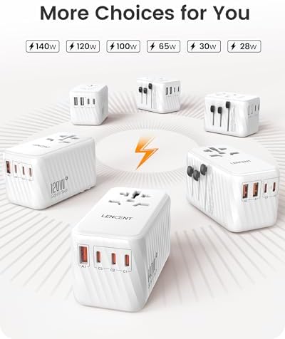 LENCENT 85 W Universal Travel Adapter with Retractable USB-C Cable – High-Speed International Plug Converter Featuring 3 Type-C & 1 USB-A Ports for Effortless Worldwide Charging – Your Ultimate Travel Essential for Maximum Compatibility, Fast Charging, and Ga N Technology Efficiency