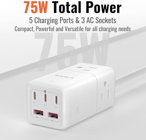 NENJI 75 W Ga N USB-C Super Fast Charging Station – 8-in-1 Power Strip with 5 USB Ports & 3 AC Outlets for Ultimate Device Compatibility – Smart Charging Technology for i Phone, Samsung, i Pad, Mac Book – Compact Travel-Friendly Design for Home or Office Use – Optimize Your Charging Efficiency and Speed