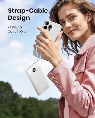 Sleek 10,000 m Ah Ultra-Slim Portable Power Bank – Essential Travel Charger with Integrated Cables, 5 Outputs & 2 Inputs, LED Battery Monitor – Universal Compatibility for i Phone & Android Devices – Chic Pink Design for Effortless On-the-Go Charging