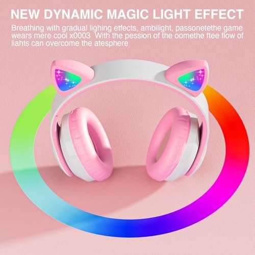 Playful Cat Ear Bluetooth Headphones for Kids – Foldable Over-Ear Design with LED Lights, Safe Listening Volume Control, Built-in Microphone, and Multi-Device Connectivity – Ideal for Music, Movies, and Gaming on i Phones, i Pads, Smartphones, and More!