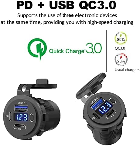 Zennova 12 V Dual USB Quick Charge 3.0 Outlet – 5 Pack Waterproof Car Charger with PD USB-C Port, Integrated Voltmeter, and Power Switch for Cars, Boats, Golf Carts, RVs, and More – Ultimate Charging Solution for All Adventures