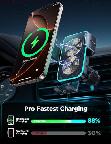 JOYROOM Dual Coil Wireless Car Charger Mount – Fast Charging Phone Holder with Auto Smart Clamping for i Phone 16 Pro Max & Samsung Galaxy S24/S24/S22/21 Ultra – Ultimate Compatibility and Convenience for On-the-Go Navigation