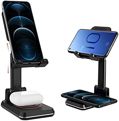 Ergonomic 2-in-1 Wireless Charging Station – Qi Certified 15 W Fast Charger for i Phone 16/15/14/13/12 & Samsung Galaxy S21/S20/S10 with Air Pods Pro Compatibility – Optimize Your Workspace with Adjustable Height and Dual Device Power Solution
