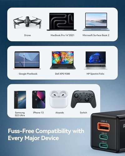 Ruko PD65 W Ga N Fast Charger – Ultra-Compact 3-Port USB-C Wall Adapter for Rapid Charging of i Phone 16/15, Mac Book Pro/Air, Galaxy S24, Pixel & More – Travel-Ready Foldable Design with Universal Compatibility for All Devices, Enhanced Efficiency for On-the-Go Power Needs