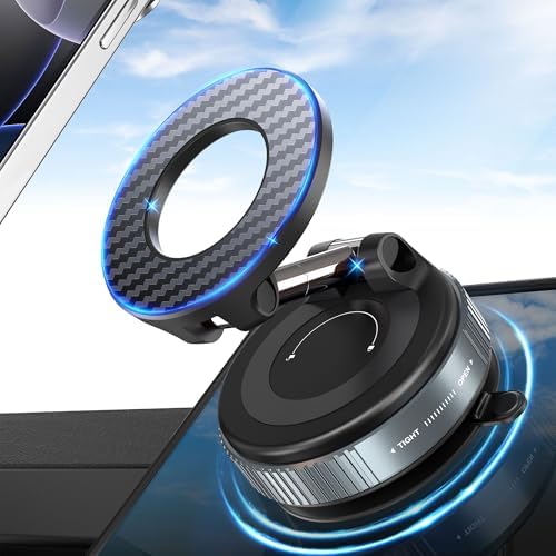 PlusAcc Vacuum Magnetic Phone Holder for Car – Suction Cup Phone Mount 360° Rotatable Foldable Portable Strong Magnet Stand for iPhone 16/15/14/13 in Gym, Mirror, Smooth Surface, All Vehicles – Enhanced Compatibility and Speed