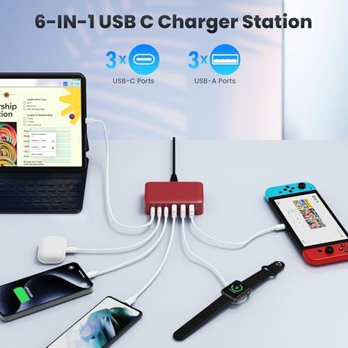108 W Pink Ga N III USB C Charging Hub – 6-Port Fast Charger for i Phone 15 Pro, Samsung & More – Quick Charge & Power Delivery Compatible – Stylish Multi-Device Power Station with Intelligent Safety Features – Ideal for Home, Office & Travel Use