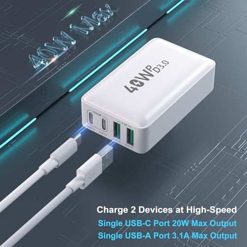 OKRAY 40 W Ultra-Slim 4-Port USB-C Wall Charger – Fast Charging Adapter with QC3.0 & PD3.0 for i Phone, Galaxy, and Pixel Devices – Foldable Plug for Effortless Travel & Home Use – Power Multiple Devices Simultaneously with Compact Efficiency
