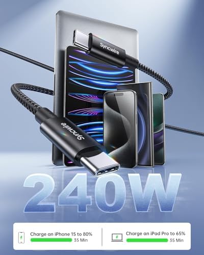 SYNCWIRE USB C to USB C Cable, 6.6ft 2 Pack Nylon Braided USB C Charger Cable, 240W(48V5A) Type C Fast Charging for iPhone 15 Pro/15, MacBook Pro, Samsung Galaxy S23/S22/S21, and More – Enhanced Compatibility and Speed