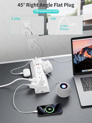 15 FT Surge Protector Power Strip with 12 AC Outlets & 4 USB Ports (2 USB-C) – Versatile Flat Plug Extension Cord for Home & Office, Wall Mountable Charging Station for Efficient Device Management and Enhanced Safety