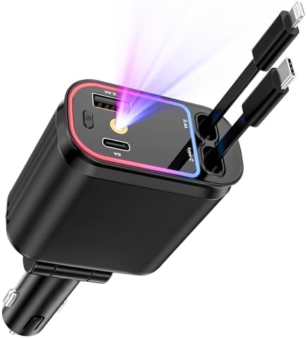 Revolutionize Your Road Trips with the Retractable 4-in-1 Fast Car Charger – Dual Retractable Cords (Type C + i OS) and 2 USB Ports for Multi-Device Power | RGB Starlight Design for Enhanced Aesthetics | High-Speed Charging Compatibility for Android & i Phone Models – Charge Up to 4 Devices Simultaneously