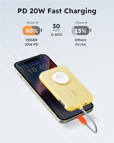 VEGER 5000 m Ah Mini Power Bank with Built-in Cable – PD 20 W Fast Charger for i Phone 14/13/12/Pro Max, Android Devices & Apple Watch – Lightweight Travel Essential in Vibrant Yellow – Ultimate Charging Solution for On-the-Go Connectivity