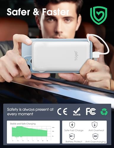 Ultra-Slim 10,000 m Ah TG90° Portable Power Bank with Built-in Lightning and USB-C Cables – Fast Charging, Lightweight Battery Backup for i Phone and Android Devices – Essential On-the-Go Charger for Busy Lifestyles