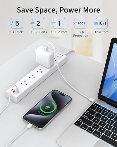 Ultra-Slim 15 FT Flat Plug Power Strip with 5 Outlets & 3 Smart USB Ports – 1700 Joules Surge Protector for Home, Office & Dorm Use – Space-Saving Design with Right-Angle Plug for Optimal Access and Charging Efficiency