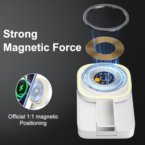Revolutionize Your Charging Routine with the 3-in-1 Magnetic Wireless Charger Station for Apple Devices – Foldable Design, Integrated Night Lamp, and Mag Safe Compatibility for i Phone 16/16 Pro/16 Pro Max/15/14/13/12, Air Pods, and Apple Watch (Sleek Black Finish) – Ultimate Convenience and Enhanced Speed for Modern Users