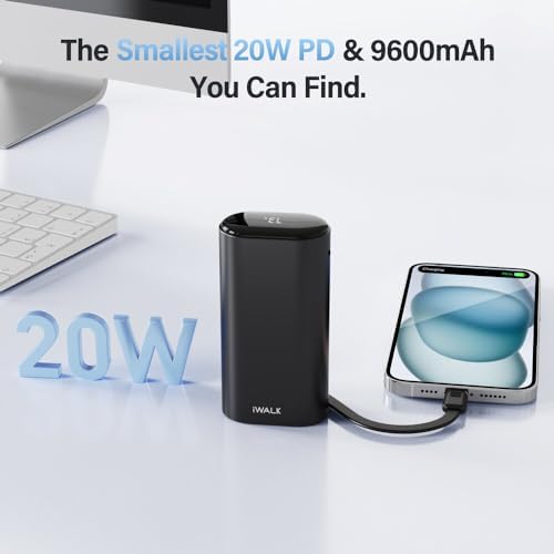 Ultimate i WALK 9600 m Ah Fast Charging Power Bank with Built-in USB-C Cable – 20 W PD External Battery for i Phone 15 Series, Samsung, Android, i Pad Pro/Air & Air Pods – Lightweight & Convenient Charging Solution for Travel & Daily Use