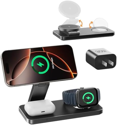 Revolutionary 3-in-1 Foldable Wireless Charging Station – 15 W Qi2-Certified Magnetic Charger for i Phone 16/15/14/13/12, Apple Watch, and Air Pods – Compact Fast Charging Dock with 30 W Adapter for Ultimate Compatibility and Speed – Perfect for Travel and Home Use