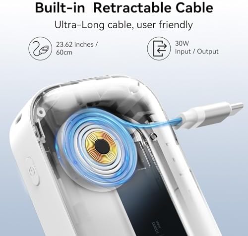 Ultra-Portable 10,000 m Ah Power Bank with Retractable Cable & USB-C to Lightning Compatibility – 30 W Fast Charging Battery Pack for i Phone 16/15/14/13 & Samsung Devices – LED Display for Easy Monitoring – Essential Travel Charger for On-the-Go Power Solutions