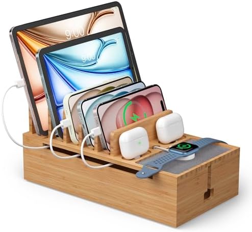 Pezin & Hulin Eco-Friendly Bamboo Cable Management Box – Sleek Desktop Organizer with 6 Cables for Tidy Charging Station, Stylish Wire Organizer for Electronic Devices, Enhances Workspace Efficiency and Aesthetics