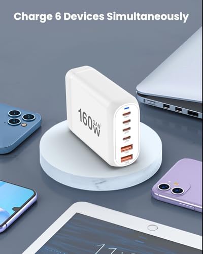 GEEKERA 160 W 6-Port USB C Fast Charging Station – Ultimate Multiport Wall Charger with 4 USB-C & 2 USB-A Ports – High-Speed Power Hub for i Phone 16, i Pad Pro, Mac Book, Samsung Galaxy, Pixel, & Nintendo Switch – Compact & Portable Design for Efficient Device Charging at Home or On-the-Go