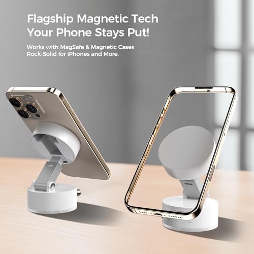 TANSEY Universal Magnetic Vacuum Phone Holder – 360° Swivel & Foldable Hands-Free Stand for Car, Kitchen, Gym, Desk & Travel – Strong Suction Cup, Enhanced Stability, White Design for All Smartphones