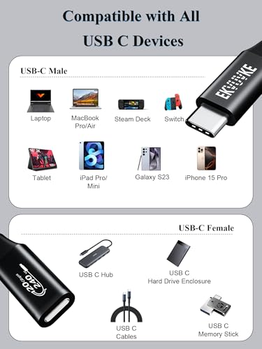 High-Performance USB-C Extension Cable 6.6 FT – 240 W Fast Charging & 20 Gbps Data Transfer with 4 K@60 Hz Video Output – Type C Male to Female Cord for i Phone 16/15 and Mac Book – Ultimate Connectivity & Streaming Solution