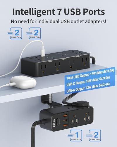 Maximize Your Workspace Efficiency: Dual Layer Desk Clamp Power Strip & Surge Protector with 17 AC Outlets and 7 USB Ports (3 USB-C) – 10 ft Extension Cord for Flexible Setup, 1700 J Protection – Ultimate Space-Saving Charging Station for Home and Office