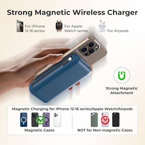 High-Capacity 26800 m Ah Magnetic Power Bank: All-in-One Wireless Charging Solution for i Phone 12-16, Samsung, Android & Air Pods – Fast and Efficient Multi-Device Charger with Built-in Cables & Apple Watch Compatibility (Stylish Blue) – Your Ultimate Travel Power Companion
