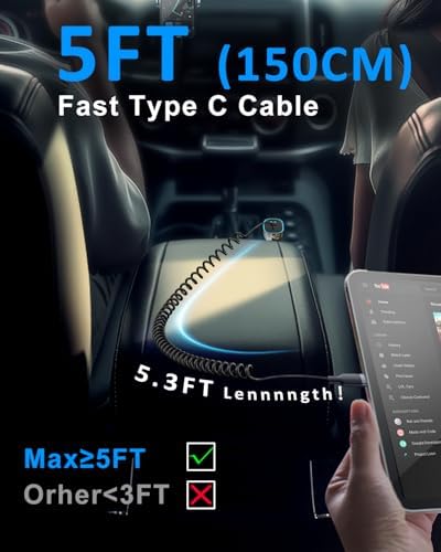 High-Performance 90 W USB C Car Charger with 5 ft Coiled Cable – Fast Charging Adapter for i Phone 15 Pro Max, Samsung Galaxy S24/S23, Mac Book & More – Sleek Transparent Design, Universal Compatibility, Ideal for Road Trips & Daily Commutes