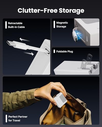 Revolutionary 40 W Fast Charging Portable USB Phone Charger Block with Retractable 31.5-inch Lightning Cable – Compact Wall Adapter with USB-C Port and Foldable Plug for i Phone 14/13/12, Perfect for Travel and Everyday Use