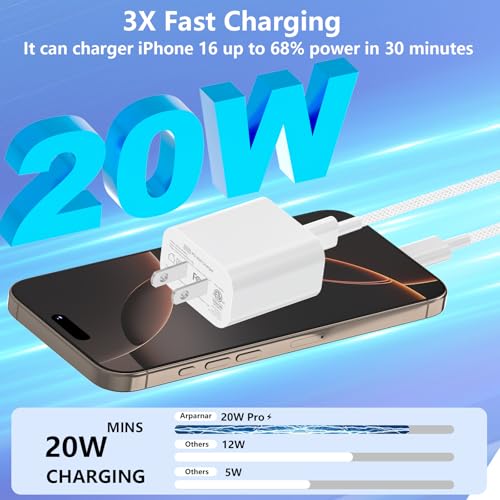 Power Up Your Devices: 20 W Fast Charging Duo Kit for i Phone 16 & 15 – Includes Two 6 FT Woven Type-C Cables for Enhanced Durability and Versatility – Perfect for i Pad Pro & Air Pods – Experience Rapid Charging with Unmatched Portability and Reliability